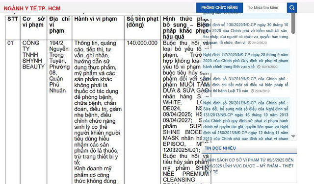 Thanh tra Sở Y tế TP HCM công khai quyết định xử lý vi phạm đối với Công ty TNHH Shynh Beauty/Ảnh: Chụp màn hình 11.jpg
