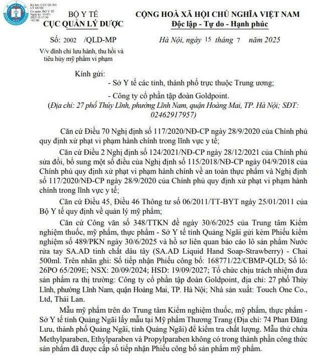 Thông báo của Cục Quản lý Dược về việc thu hồi trên toàn quốc lô sản phẩm nước rửa tay SA.AD tinh chất dâu tây - Ảnh chụp màn hình Thông báo của Cục Quản lý Dược về việc thu hồi trên toàn quốc lô sản phẩm nước rửa tay SA.AD tinh chất dâu tây - Ảnh chụp màn hình