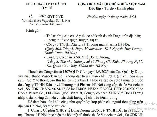 Sở Y tế Hà Nội có công văn số 2869/SYT-NVD về việc thu hồi thuốc Vasoclean Sol. do không đạt tiêu chuẩn chất lượng/Ảnh chụp màn hình 1-1534.jpg