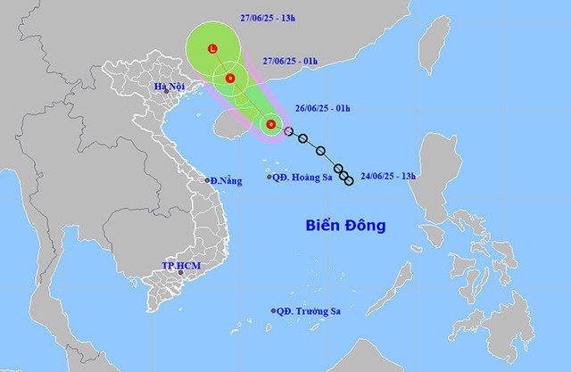 Đường đi và vị trí của áp thấp nhiệt đới ngày 26/6. Ảnh: thoitietvietnam Đường đi và vị trí của áp thấp nhiệt đới ngày 26/6. Ảnh: thoitietvietnam
