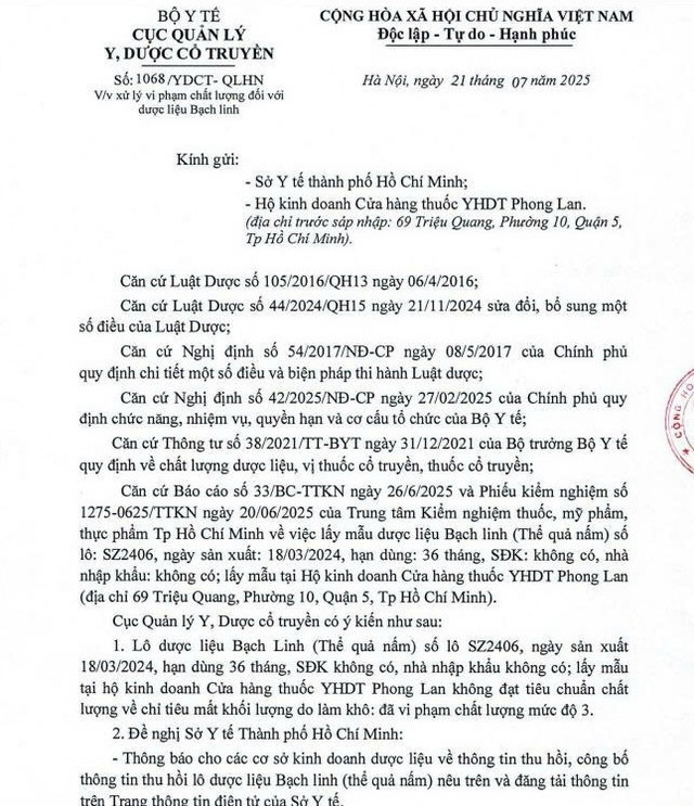Công vân của Cục Quản lý Y, Dược cổ truyền về xử lý vi phạm chất lượng đối với dược liệu Bạch Linh/Ảnh chụp màn hình 1-1208.jpg