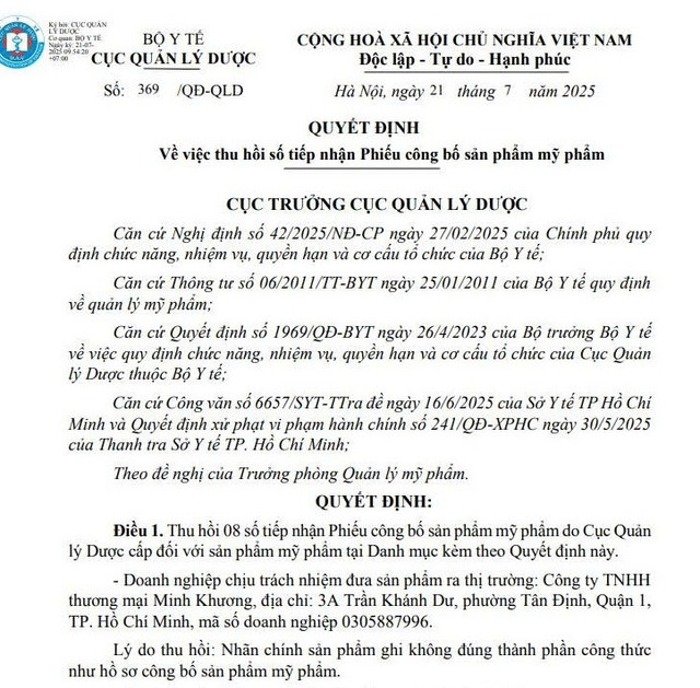 Quyết định thu hồi của Cục Quản lý Dược/ Ảnh chụp màn hình 1-2996.jpg