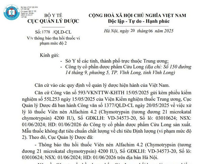 Quyết định thu hồi của Cục Quản lý Dược/Ảnh chụp màn hình 1.jpg