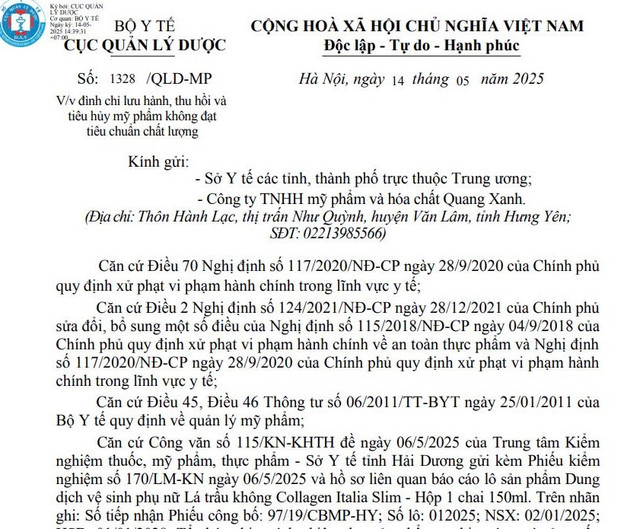 Quyết định đình chỉ lưu hành, thu hồi, tiêu hủy mỹ phẩm vi phạm đối với Công ty TNHH mỹ phẩm và hóa chất Quang Xanh. (Ảnh chụp màn hình) 1-8793.jpg