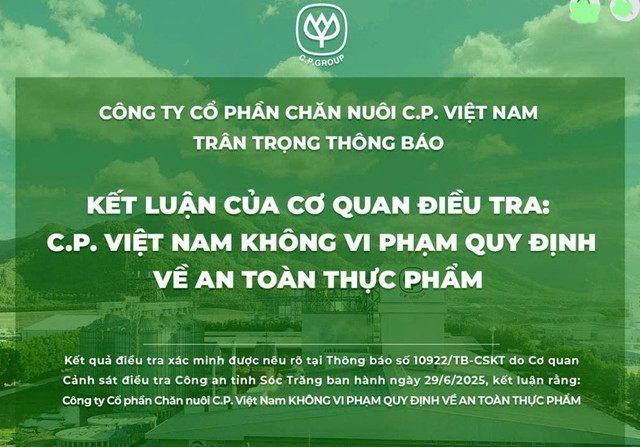 Thông báo trên Facebook của C.P. Việt Nam/ Ảnh chụp màn hình 1.jpg