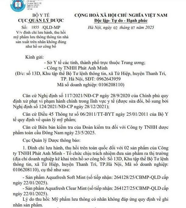 Quyết định số 1855/QLD-MP về việc đình chỉ lưu hành, thu hồi trên toàn quốc 2 sản phẩm mỹ phẩm của Công ty TNHH Phát Anh Minh - Ảnh chụp màn hình Quyết định số 1855/QLD-MP về việc đình chỉ lưu hành, thu hồi trên toàn quốc 2 sản phẩm mỹ phẩm của Công ty TNHH Phát Anh Minh - Ảnh chụp màn hình