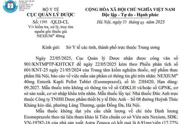Công văn số 1395/QLD-CL của Cục quản lý Dược về việc kiểm tra, xử lý, truy tìm nguồn gốc thuốc giả NEXIUM® 40mg. (Ảnh chụp màn hình) 1-4959.jpg
