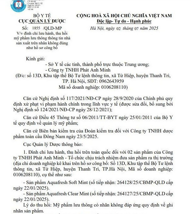 Quyết định 1855/QLD-MP về việc đình chỉ lưu hành, thu hồi trên toàn quốc 2 sản phẩm mỹ phẩm của Công ty TNHH Phát Anh Minh/Ảnh chụp màn hình 1-6256.jpg