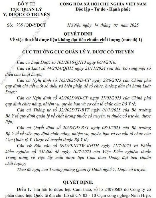 Quyết định thu hồi của Cục trưởng Cục Quản lý Y, Dược cổ truyền/Ảnh chụp màn hình 4-9959.jpg