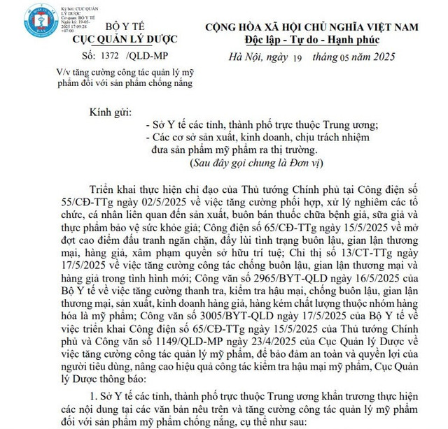 Công văn của Cục Quản lý Dược yêu cầu siết quản lý kem chống nắng. 1-3796.jpg