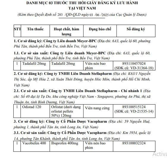 Quyết định số 283/QĐ-QLD của Cục Quản lý Dược về thu hồi giấy đăng ký lưu hành thuốc tại Việt Nam đối với 3 thuốc theo phụ lục đính kèm Quyết định - Ảnh chụp màn hình 1-4198.jpg
