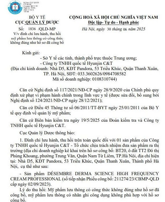 Công văn số 1836/QLD-MP, ngày 30/6 của Cục quản lý Dược về đình chỉ lưu hành, thu hồi mỹ phẩm Désembre Derma Science High Frequency Cream Professional. 1.jpg
