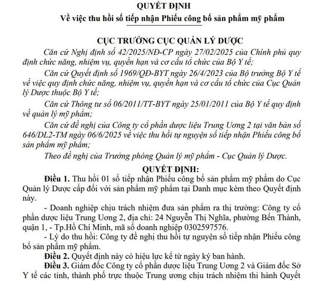 Quyết định số 309/QĐ-QLD ngày 24/6/2025 của Cục Quản lý Dược về việc thu hồi số tiếp nhận Phiếu công bố sản phẩm mỹ phẩm đối với Công ty cổ phần dược liệu Trung Ương 2. 111.jpg