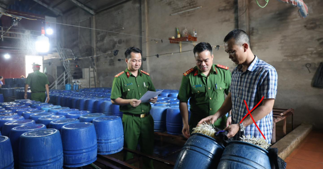Chủ cơ sở sản xuất giá đỗ Nguyễn Văn Tân (áo kẻ)/Ảnh: Bộ Công an. Chủ cơ sở sản xuất giá đỗ Nguyễn Văn Tân (áo kẻ)/Ảnh: Bộ Công an.