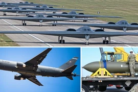 Máy bay ném bom tàng hình B-2 của Không quân Mỹ, được máy bay tiếp dầu KC-46 hỗ trợ trên không, mang theo bom xuyên phá hạng nặng GBU-57 (MOP) chuyên dùng để tấn công các mục tiêu kiên cố nằm sâu dưới lòng đất.