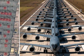 Hình ảnh vệ tinh về các máy bay KC-135 tại Al Udeid (bên trái) và màn diễu hành ‘Elephant Walk’ của các KC-135 thuộc Không quân Hoa Kỳ (USAF)