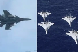 J-15 mang tên lửa hành trình YJ-15 (bên trái) và các tiêm kích J-15 hoạt động từ tàu sân bay Liêu Ninh và Sơn Đông