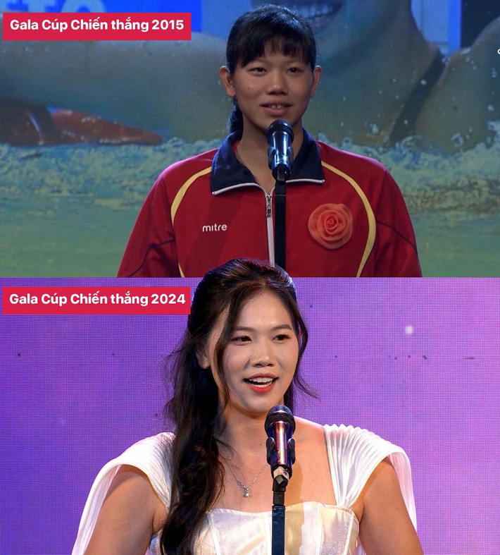 Được đứng trên sân khấu của Gala Cúp Chiến thắng đến 2 lần là một điều vô cùng vinh dự. Mới đây trên trang cá nhân, cựu tuyển thủ bơi lội Nguyễn Thị Ánh Viên đã đăng tải một tấm ảnh ghi lại 2 khoảnh khắc của cô tại gala trao giải Cúp Chiến thắng - giải thưởng được ví như "Oscar" của thể thao Việt Nam.