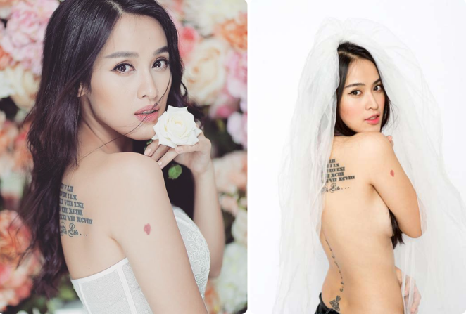 Nữ diễn viên Tú Vi cực cá tính khi xăm dòng chữ “Stay strong” dọc sống lưng. Ngoài ra, ngôi sao phim Quả tim máu còn xăm ngày sinh của những người mà cô yêu quý bằng số La Mã trên vai.