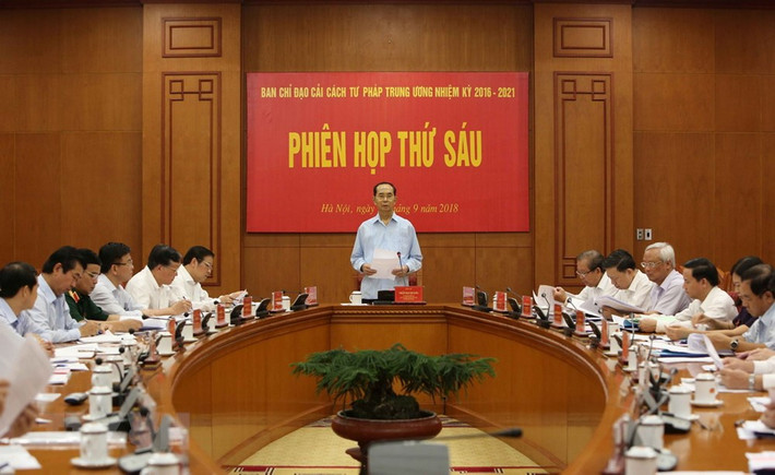 Sáng 15/9/2018, tại Trụ sở Trung ương Đảng, Chủ tịch nước Trần Đại Quang chủ trì Phiên họp thứ sáu của Ban Chỉ đạo cải cách Tư pháp Trung ương. (Ảnh: TTXVN)