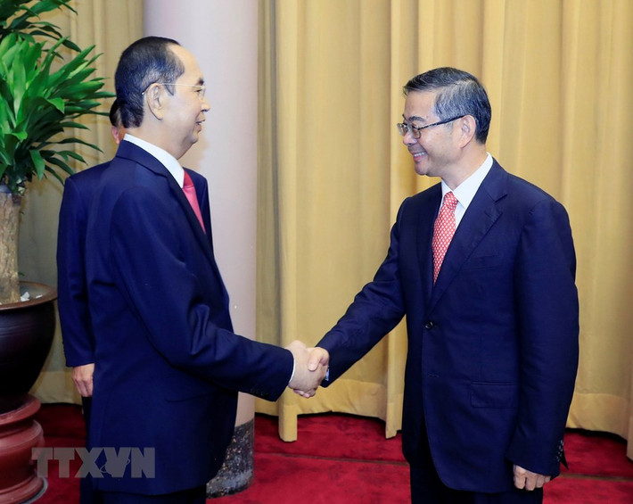 Chiều 19/9/2018, tại Phủ Chủ tịch, Chủ tịch nước Trần Đại Quang tiếp đồng chí Chu Cường, Chánh án Toà án nhân dân Tối cao Trung Quốc đang có chuyến thăm và làm việc tại Việt Nam. (Ảnh: TTXVN)