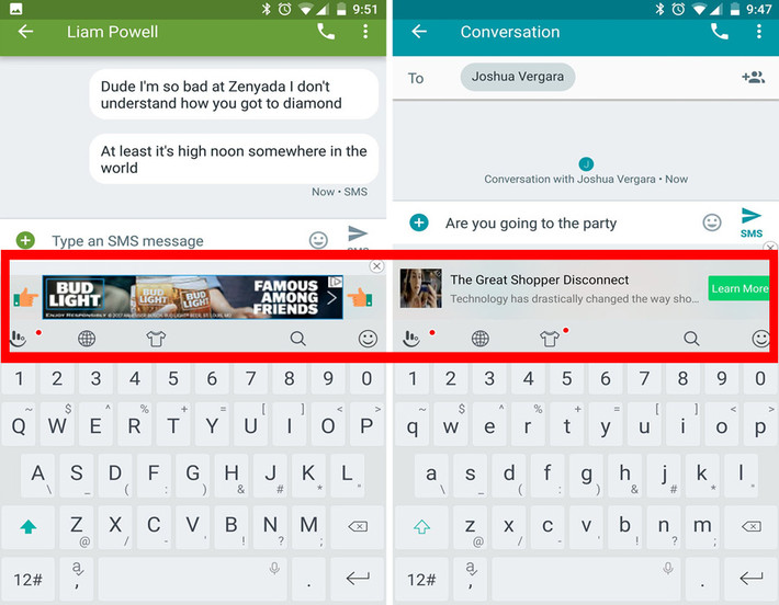 “Tử huyệt” của ứng dụng TouchPal chính là việc dành ra một diện tích hiển thị giữa màn hình để chèn vào các quảng cáo. Điều này không những làm xao nhãng, khiến người dùng phân tâm, mà còn khiến họ khó chịu vì bị che mất một phần màn hình. Phiền phức hơn nữa, người dùng gần như khó có thể tắt được các quảng cáo này.