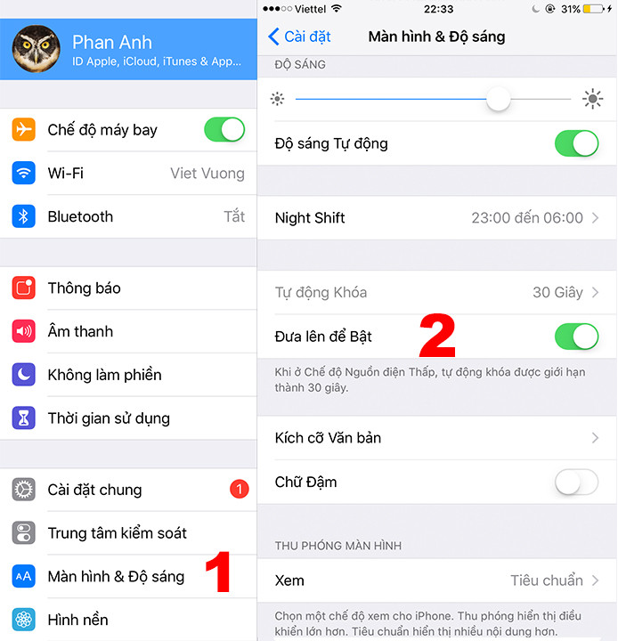 Vẫn là cài đặt màn hình, nhưng lần này, bên trong phần cài đặt của máy (Setting) – Bước 1: Truy cập vào phần “Màn hình & Độ sáng”. Bước 2: Tắt tính năng “Đưa lên để Bật”. Cài đặt này sẽ giúp màn hình của máy không tự động sáng lên, mỗi khi người dùng cầm máy hoặc lấy máy từ trong túi ra, từ đó tiết kiệm pin cho chiếc iPhone.