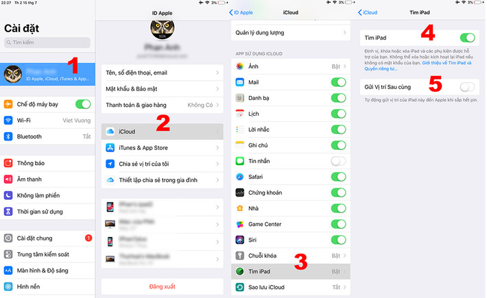 Đầu tiên là cài đặt iCloud: Bước 1: vào phần cài đặt của máy (Setting). Bước 2: truy cập vào phần “cài đặt iCloud”. Bước 3: kéo xuống dưới, chọn mục “Tìm iPhone” hoặc “Tìm iPad”. Bước 4: bật tính năng tìm kiếm. Bước 5: Bật tính năng “Gửi vị trí sau cùng”. Cài đặt này giúp ích rất nhiều trong việc định vị và tìm lại thiết bị, khi chúng ta chẳng may để quên, hoặc làm mất máy.