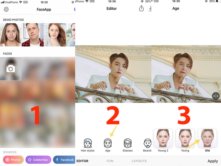 Cách sử dụng rất đơn giản: Đầu tiên, người dùng truy cập ứng dụng và chọn bức ảnh muốn chỉnh sửa trong thư viện điện thoại. Bước tiếp theo, người dùng chọn lựa các chi tiết muốn chỉnh sửa: màu tóc, độ tuổi, thêm râu, thêm kính lão…