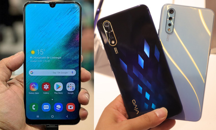 Cả hai mẫu máy đều sở hữu màn hình công nghệ hiển thị Super Amoled với độ phân giải FullHD+, tỷ lệ hiển thị tương đương nhau: 19,5:9. Màn hình của Vivo S1 có kích thước 6,38” khiêm tốn hơn một chút xíu so với Galaxy A50.