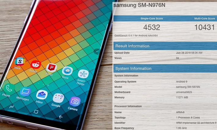 Mới đây, trên trang web chấm điểm hiệu năng Geekbench, sức mạnh của Galaxy Note 10+ đã bất ngờ bị rò rỉ. Cụ thể, Note 10+ đạt 4.532 điểm đơn nhân và 10.431 điểm đa nhân, nằm trong top những thiết bị Android mạnh mẽ nhất hiện nay. Tuy nhiên, số điểm này vẫn chưa thể đánh bại chiếc iPhone XS Max được Apple ra mắt từ một năm trước.