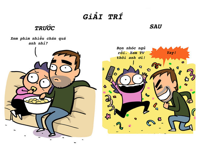 Khi mới cưới, các cặp vợ chồng trẻ đều ao ước có con để gia đình luôn tràn ngập tiếng cười. Đến khi có con rồi mới hiểu, muốn có chút thời gian giải trí cũng khó. Mọi hoạt động đều ưu tiên cho con hết, khi nào con đi ngủ mới có chút không gian riêng tư.