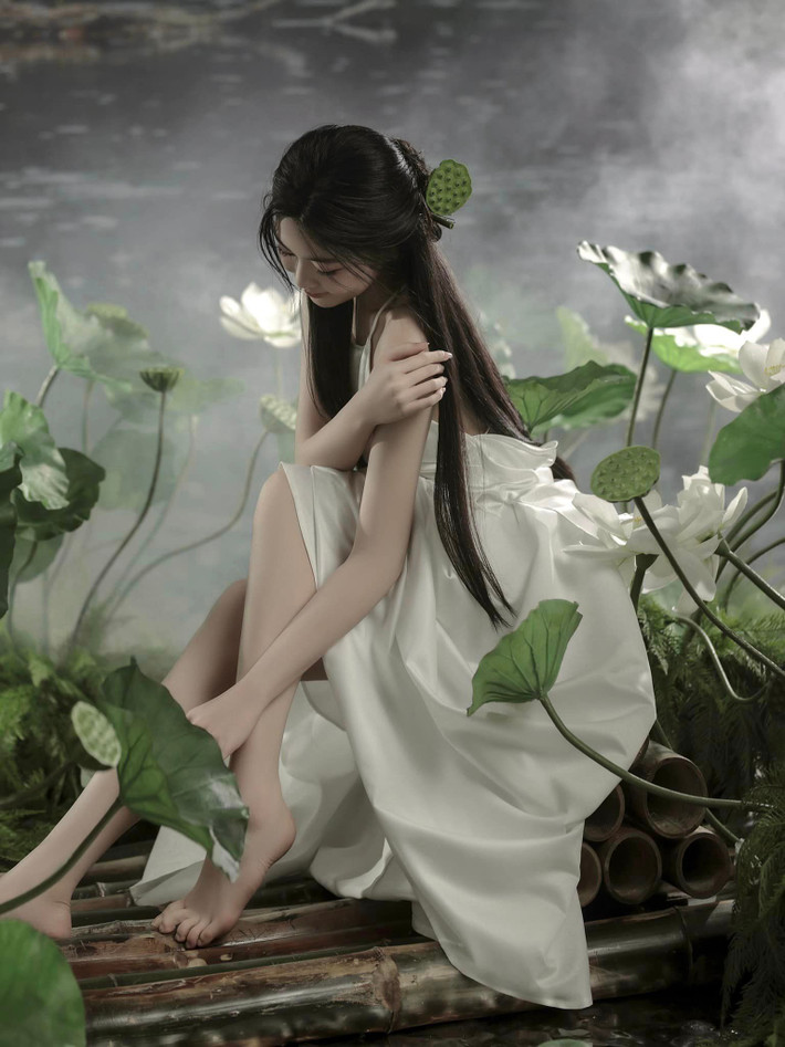 Đài sen cài tóc, thiếu nữ mỏng manh ngồi bên chiếc cầu tre khiến nhiều người liên tưởng đến hình ảnh "bạch nguyệt quang" được miêu tả trong những trang truyện ngôn tình.