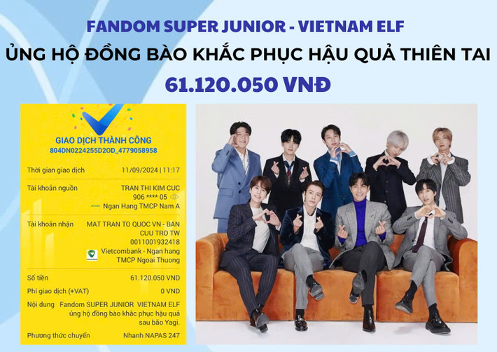 Liên minh V-ELF - fandom của Super Junior ủng hộ ủng hộ 61.120.050 VNĐ tới MTTQ Việt Nam nhằm khắc phục hậu quả bão Yagi.