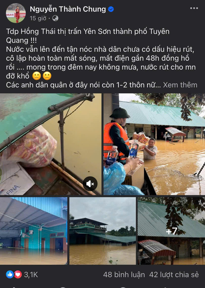 Trung vệ sinh năm 1997 liên tục kêu gọi giúp đỡ cho quê nhà sau khi không liên lạc được với người thân. Không chỉ vậy, gia đình anh cũng trực tiếp tham gia công tác cứu trợ và khắc phục hậu quả bão lũ.
