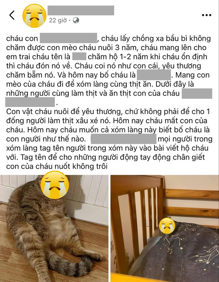 Gần đây, câu chuyện được chia sẻ bởi một cô gái về việc bố ruột của cô đã giết thịt chú mèo cưng khiến cộng đồng mạng vô cùng quan tâm. Theo đó, cô gái đi lấy chồng xa và đang có bầu không chăm mèo được nên gửi về nhà cho em trai chăm, định 1-2 năm khi ổn định sẽ đón mèo về. Tuy nhiên bố cô gái đã cùng một số người hàng xóm làm thịt con mèo để ăn nhậu.