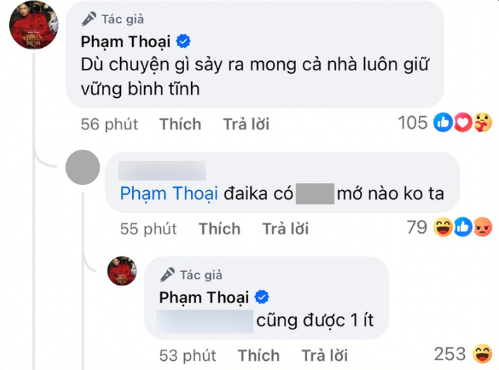 Mới đây Phạm Thoại đã chính thức lên tiếng về sự việc lùm xùm nói trên. Theo đó, tài khoản có tích xanh của Phạm Thoại viết: "Cảm ơn mọi người đã chờ đợi lâu. Phạm Thoại cũng đã ý thức ngay từ khi lập tài khoản việc yêu cầu phải minh bạch và rõ ràng. Tuy nhiên, để chắc chắn mọi thứ, Thoại cần phải sâu (xâu) chuỗi lại sự việc. Phạm Thoại sẽ làm rõ mọi vấn đề thắc mắc của mọi người (vào) ngày mai. Cảm ơn vì đã chờ đợi". Ở phần bình luận, anh cũng trấn an người theo dõi "Dù chuyện gì sảy (xảy) ra mong cả nhà luôn giữ vững bình tĩnh".