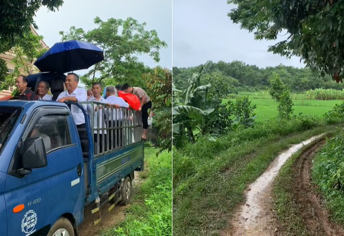 Theo đó, đường vào nhà cô dâu trơn trượt, nhiều bùn lầy nên nhà trai dùng xe tải 1,5 tấn để "vận chuyển" các vị khách đến đám cưới. Hình ảnh các vị khách đều cười tươi đứng trên thùng xe tải khiến netizen rất thích thú.