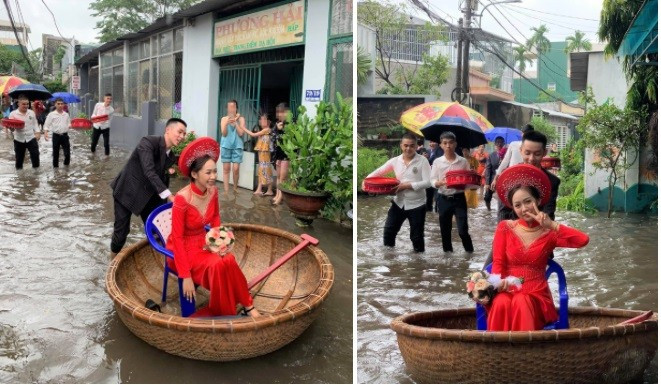 Chọn ngày cưới đúng dịp mưa lũ, chú rể phải sắn quần đẩy thuyền thúng đón cô dâu về nhà.
