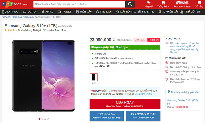 Mức giảm khủng khiếp nhất chắc chắn thuộc về mẫu Samsung S10+ chính hãng bán tại FPT. Máy đang được giảm trực tiếp tới 10 triệu đồng (tương đương 29% giá gốc) cho phiên bản bộ nhớ trong 1TB. Mức giá không tưởng này rẻ tiệm cận với phiên bản 128GB và thậm chí rẻ hơn cả phiên bản 512GB của chính chiếc máy.