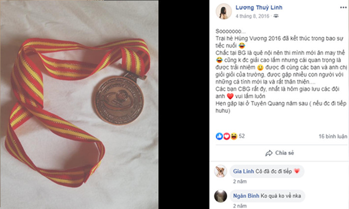 Với lợi thế của mình, Lương Thùy Linh liên tiếp đại diện nhà trường tham dự nhiều cuộc thi, đặc biệt là các các cuộc thi về tiếng Anh. Trong ảnh là tấm huy chương đồng môn tiếng Anh tại Trại hè Hùng Vương năm 2016 được Linh tự hào chia sẻ trên Facebook cá nhân.