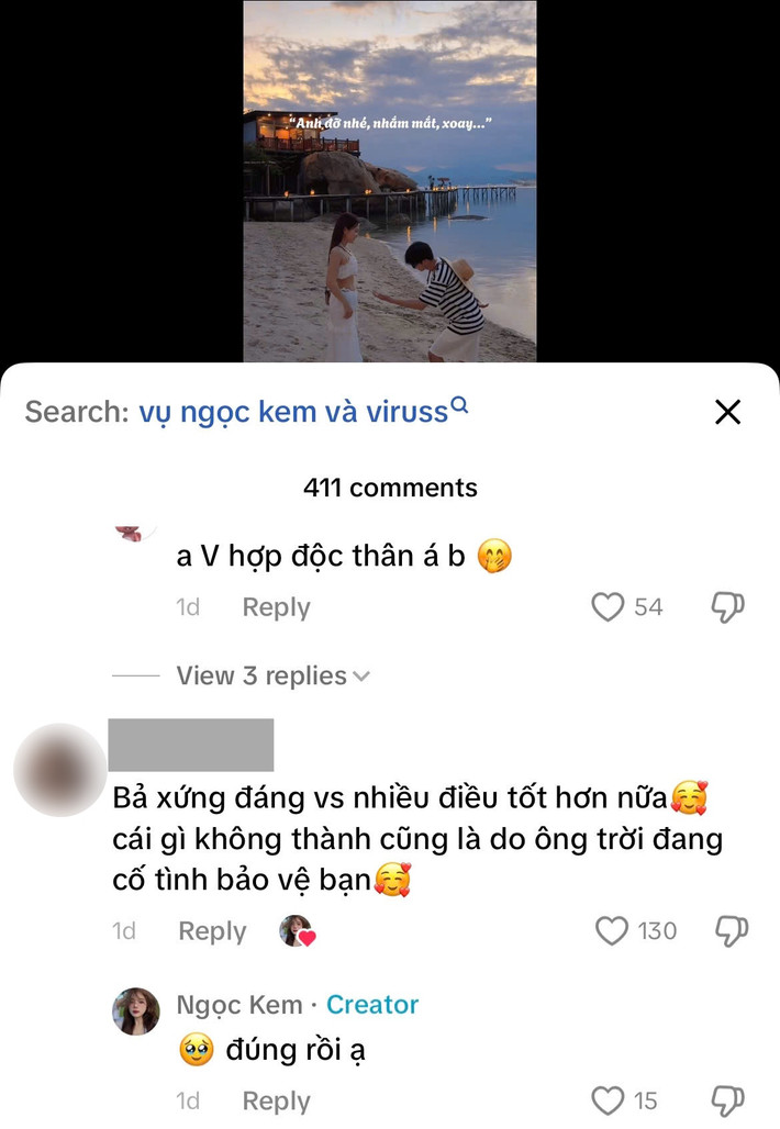 Ngọc Kem cũng like hàng loạt bình luận chê trách thái độ của người cũ như: "Bả xứng đáng với nhiều điều tốt hơn nữa. Cái gì không thành cũng là do ông trời đang cố tình bảo vệ bạn".