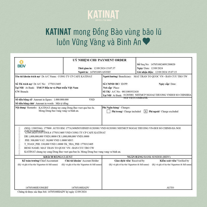 Tuy nhiên bài đăng không xoa dịu được phần nào phản ứng của cộng đồng mạng. Sau đó 1 ngày, KATINAT đã đăng bài đính chính và gửi lời xin lỗi tới người dùng vì "cách truyền thông có những hiểu lầm, dẫn đến ý kiến trái chiều trong hoạt động chung tay cùng đồng bào vùng lũ". Thương hiệu này đã góp 1 tỉ đồng trực tiếp cho Ban Cứu trợ Trung ương để ủng hộ, thay vì trích và chuyển tiền dựa trên số lượng ly nước thực tế phục vụ khách mỗi ngày như dự kiến ban đầu.