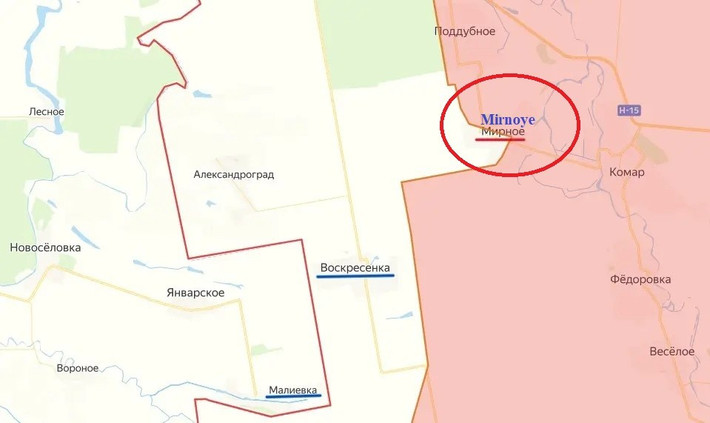 Việc Nga kiểm soát làng Mirny, cũng được phóng viên chiến trường Yevgeny Lisitsyn xác nhận trên kênh Telegram cá nhân. Theo phóng viên Lisitsyn, quân Nga đã giành được chỗ đứng tại làng Mirny và đang tiếp tục phát triển nhằm kiểm soát làng Voskresenka thuộc Donetsk và Maliyevka thuộc Dnipropetrovsk, nằm ở phía tây nam.