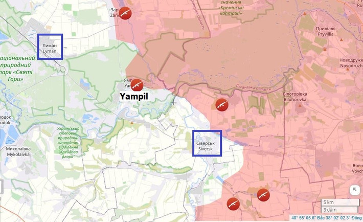 Kênh Military Summary cho biết, RFAF tiếp tục tấn công Yampil. Họ đã củng cố được quyền kiểm soát các vị trí bổ sung ở phía đông làng, bao gồm cả nhà ga xe lửa, và đang tiếp tục các cuộc tấn công vượt ra ngoài trung tâm làng (hiện nằm trong vùng xám). Quân Nga cũng tiến xa hơn về phía tây qua các khu rừng, giành quyền kiểm soát đường ngang đường sắt và các khu vực xung quanh.