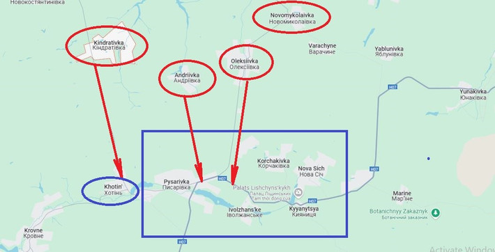 Sau khi kiểm soát làng Andreyevka, nằm giữa Oleksiivka và Kindrativka nói trên. Nếu quân Ukraine không thể kìm chân được bước tiến của RFAF, quân Nga sẽ có thể cắt trực tiếp đến đường N-07, uốn cong ở khu vực Pysarivka và chạy từ bắc xuống nam, đến quận Kovpakovsky của thành phố Sumy.