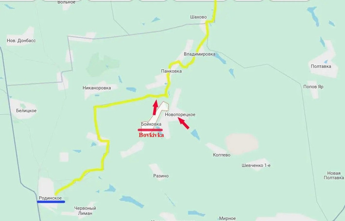 Tuyến đường (được đánh dấu màu vàng trên bản đồ) Pokrovsk-Rodinskoye-Mayak-Shakhovo-Druzhkovka-Kramatorsk được AFU sử dụng để có thể chuyển quân nhanh chóng giữa Pokrovsk và Konstantinovsk. Đồng thời cũng giúp chuyển quân dự bị nhanh từ Slavyansk và Kramatorsk đến Pokrovsk và Mirnograd.