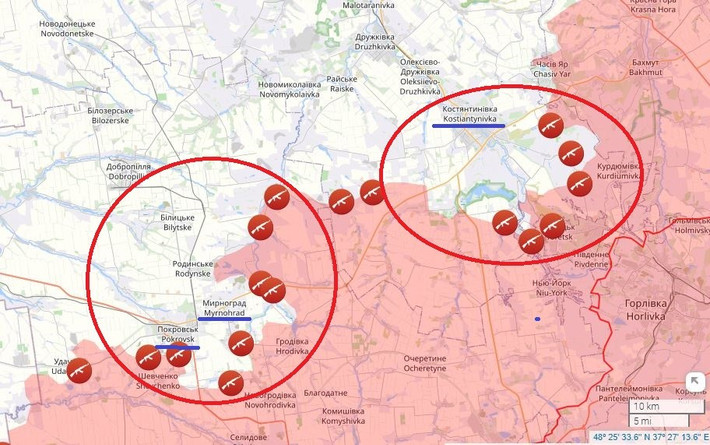 Hiện tại, RFAF đã thiết lập một vòng vây rộng 16 km xung quanh thành phố Konstantinovka, cố gắng tiến công từ ba hướng và bao vây thành phố nhỏ này. Còn giao tranh ở hướng thành phố Pokrovsk lân cận, thậm chí còn ác liệt hơn. Gần một phần ba số trận chiến diễn ra ở tiền tuyến mỗi ngày, đều diễn ra xung quanh thành phố này.