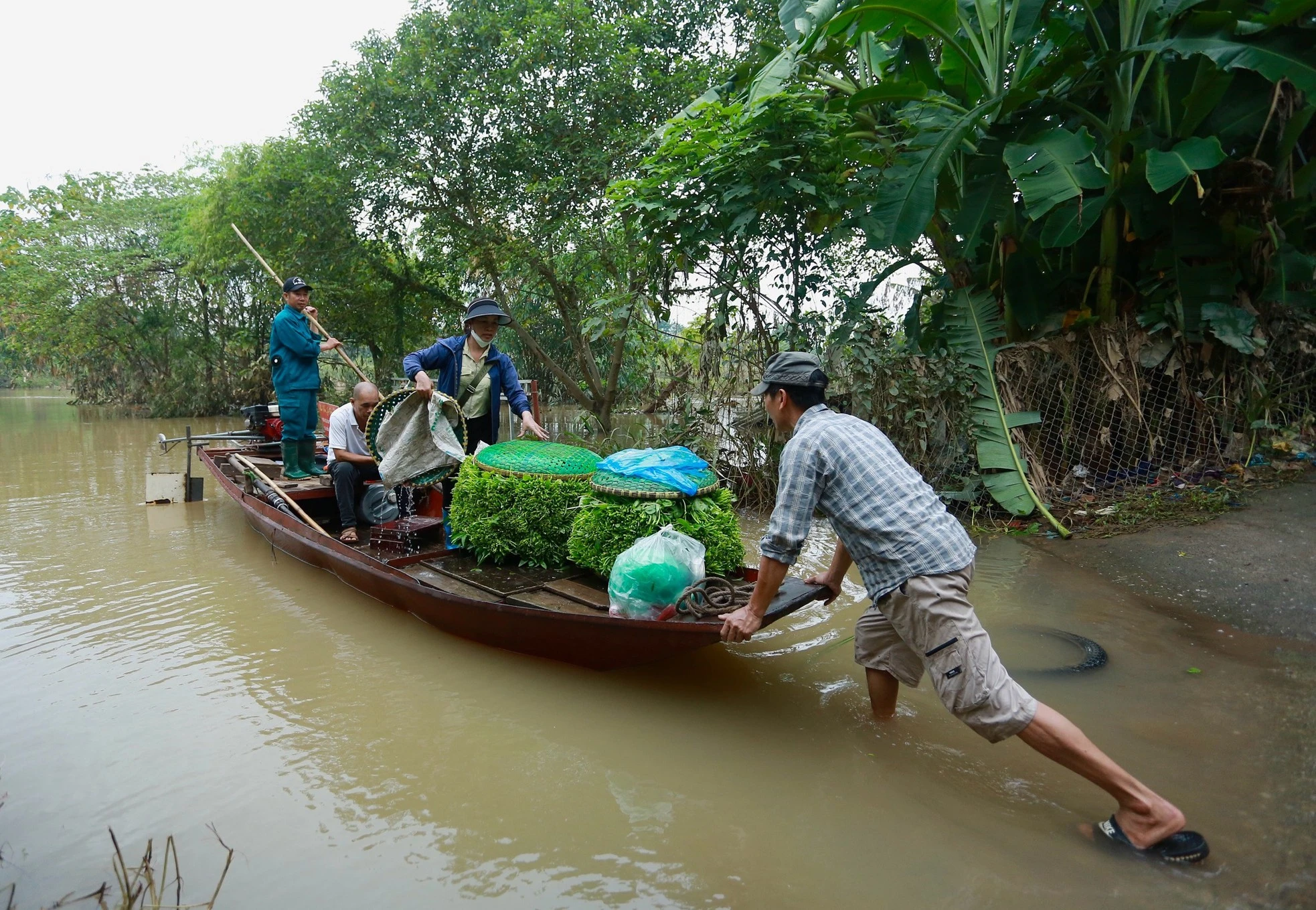Mưa ngập, người dân bãi giữa sông Hồng phải đi lại bằng thuyền