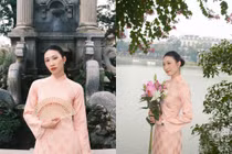 Hoa khôi bóng chuyền Nguyệt Anh diện áo dài rất xinh đẹp chào đón năm mới 